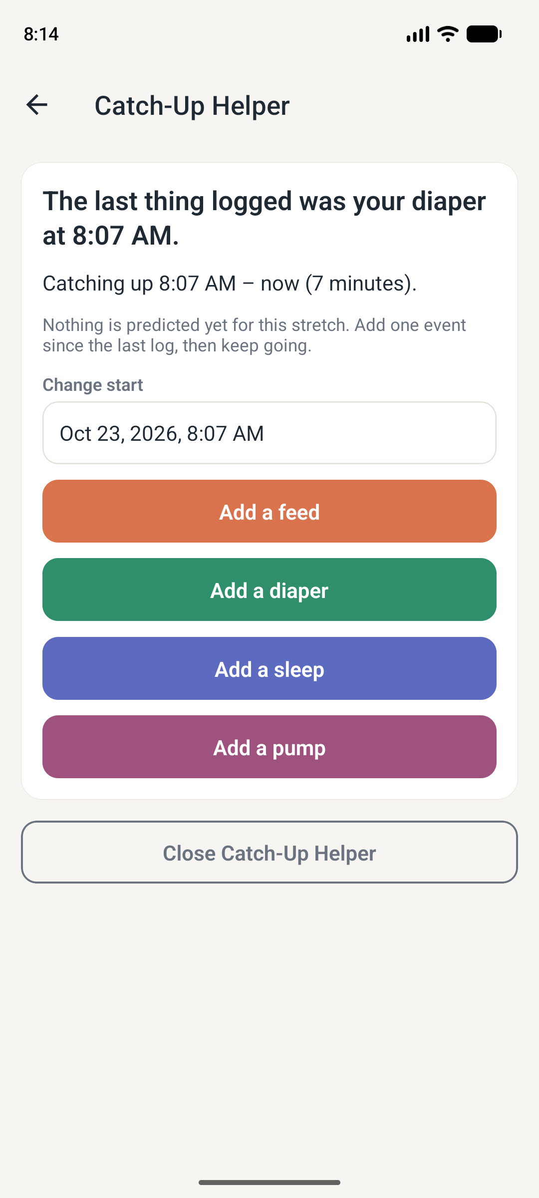 Demo Catch-Up helper suggesting fictional backfill times based on the baby's routine.