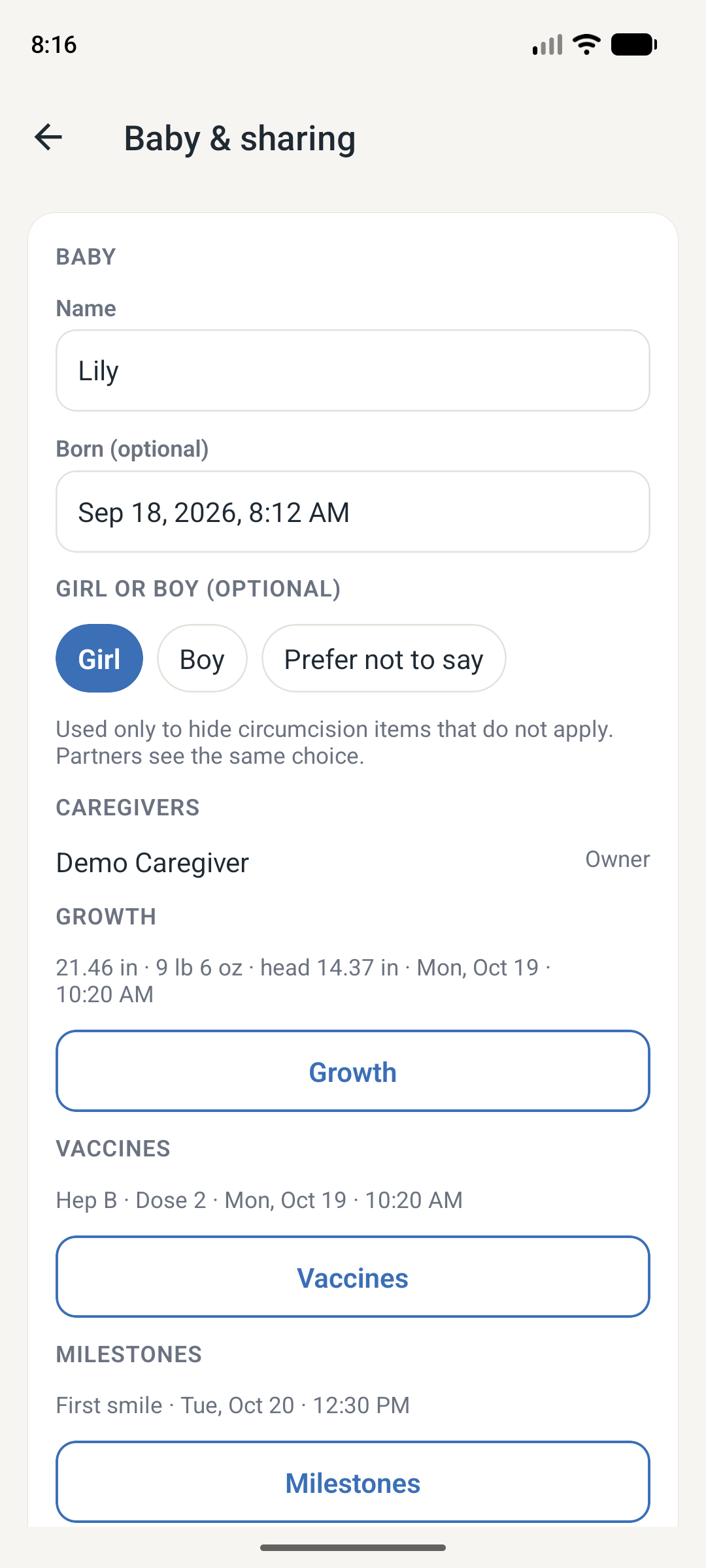 Demo Baby profile and check-up screen with fictional growth and vaccine tracking.