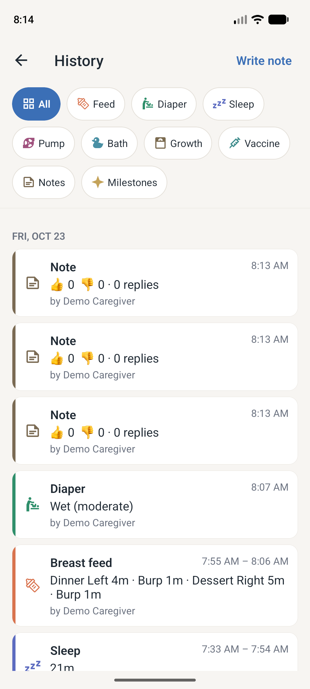 Demo History screen listing fictional feeds, sleep, and diaper entries with filters.