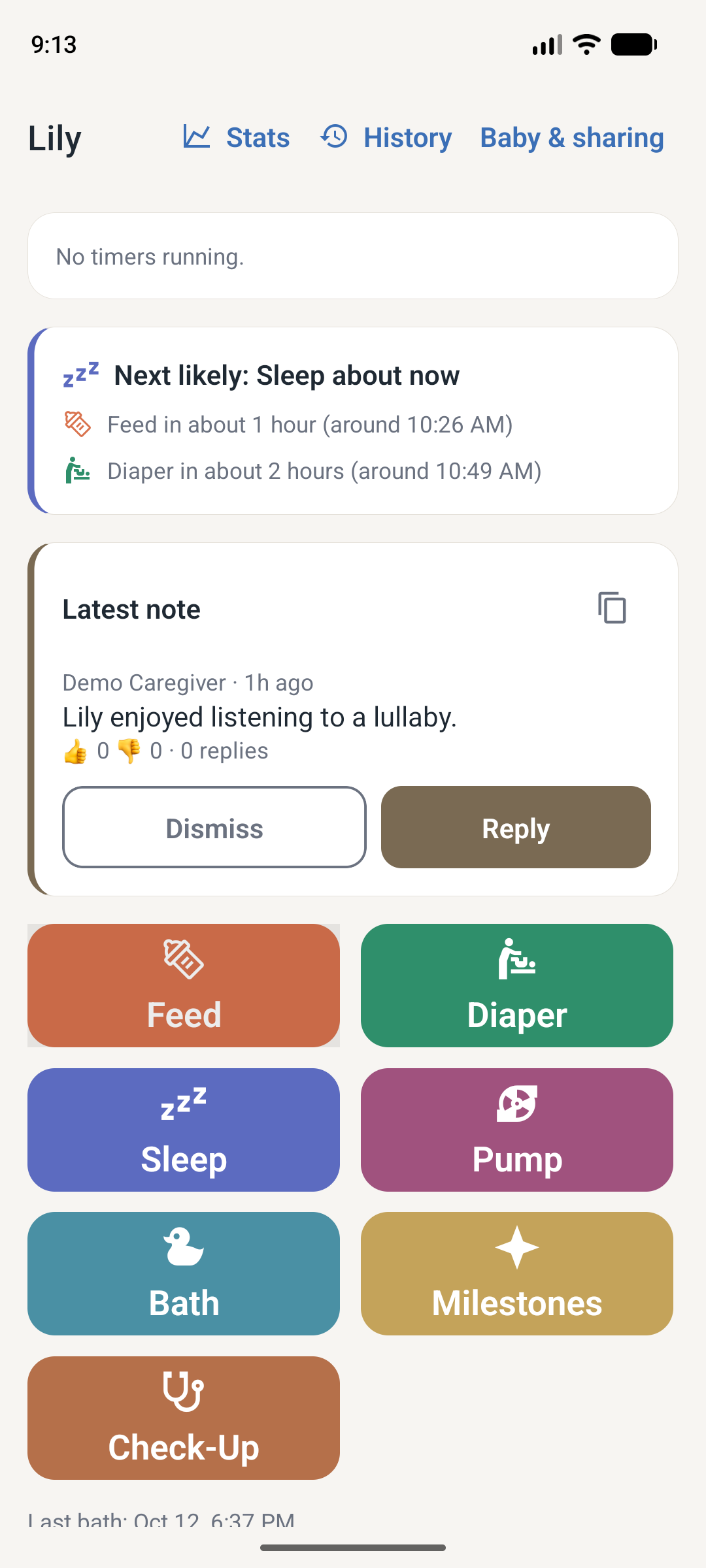 Demo Home screen with next-likely feeding and sleep predictions and quick log buttons for fictional baby data.